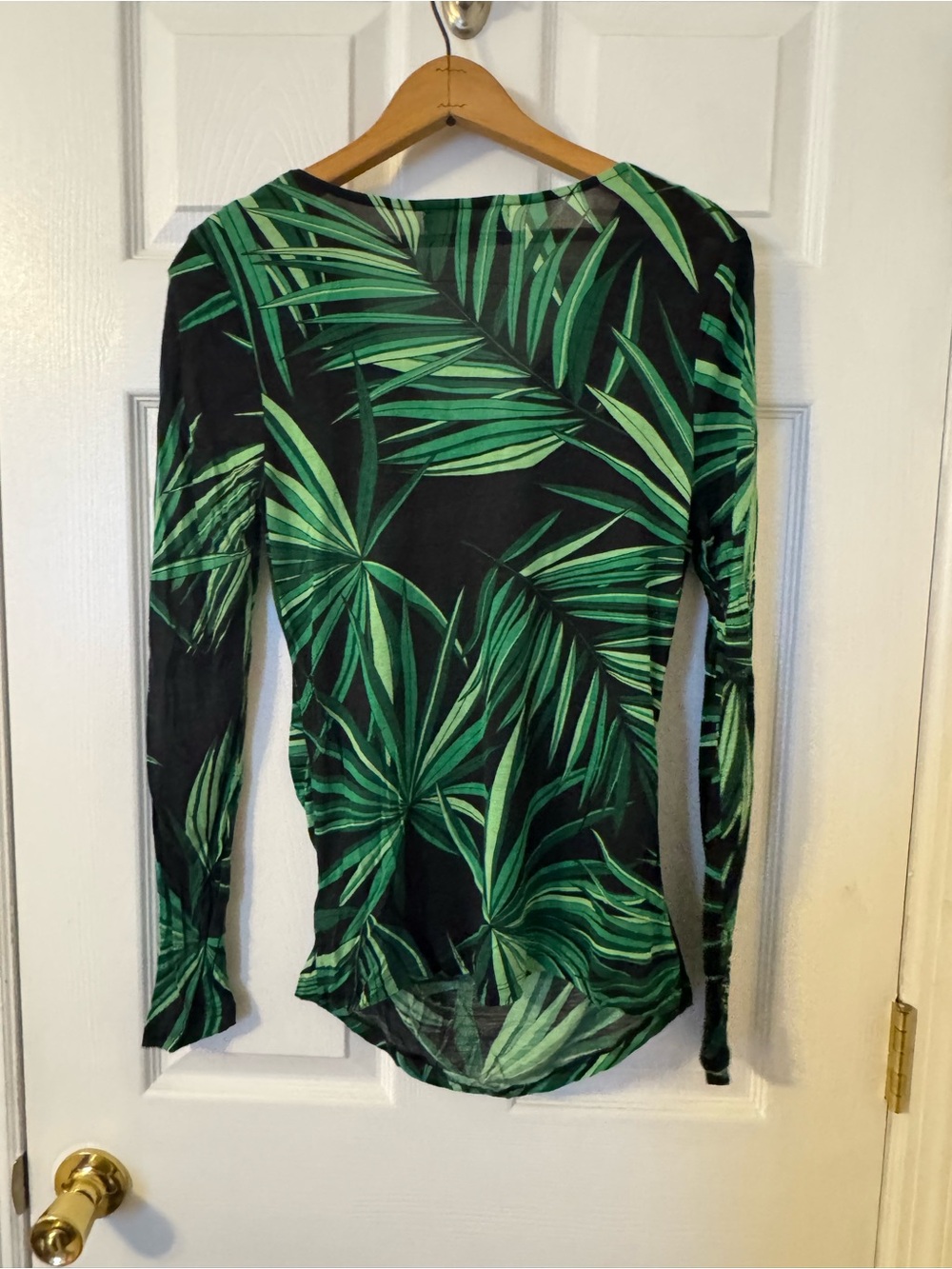 Michael Kors Black & Green Palm-Print Cowl Neck Long Sleeve Top - Picture 3 of 3